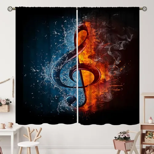 Miniatura 44 de Cortinas de notas musicales, rústicas, mágicas, notas musicales, arte retro, piano y violín, cortina con bolsillo para barra para dormitorio, sala