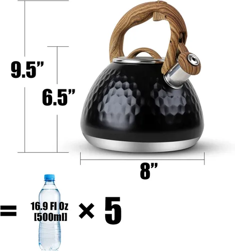 Miniatura 2 de Tetera, Tetera Silbadora Toptier con Mango de Patrón de Madera Silbato Fuerte, Tetera de Acero Inoxidable Grado Alimenticio para Estufas de Negro