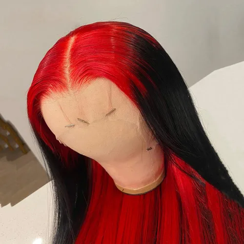 Miniatura 3 de JYZ Peluca de encaje frontal rojo degradado, densidad del 150%, lacio de 13 x 4, cabello brasileño, prearrancado, encaje marrón medio, 18 pulgadas