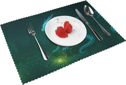 Miniatura 16 de Rectangular Placemats Set of 4, Heat Resistant Flower Doodles Printed Kitchen Dining Table Mats
