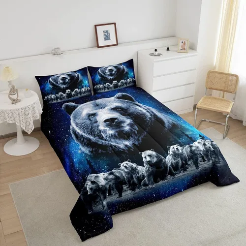 Miniatura 3 de Feelyou Juego de edredón de oso azul, juego de ropa de cama de osos de animales, juego de edredón acolchado con estampado de arboleda de galaxia