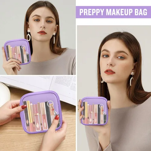 Miniatura 5 de izuzta Bolsa de Maquillaje Pequeña de Nylon, Linda Bolso de Cosméticos Mini, Bolso de Cremallera Preppy, Púrpura, Mini Púrpura-Transparente