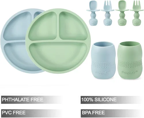 Miniatura 2 de PandaEar Juego de Alimentación de Silicona para Bebés Paquete de 2 Platos de Succión Divididos de Silicona y Paquete de 2 Tazas Pequeñas con 2