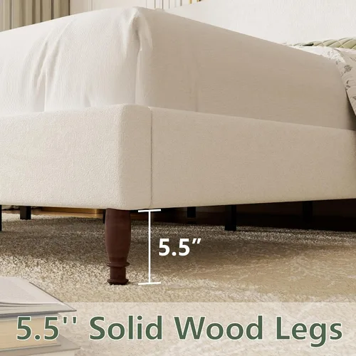 Miniatura 4 de Base de cama tapizada tamaño Queen, cabecera de tela de felpilla de 51 pulgadas de alto con diseño clásico de alas curvadas, patas de madera maciza