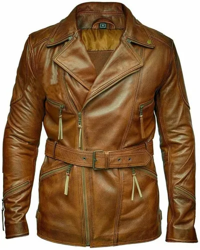 Abrigo clásico de piel de oveja vintage para hombre, con cinturón, color marrón, corte delgado, de cuero real, estilo ciclista, retro, 2, cafe