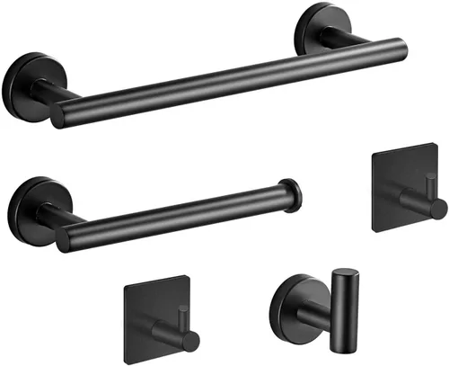 Juego de 5 piezas de accesorios de baño negro mate, juego de toalleros de acero inoxidable 304 redondo montado en la pared, incluye barra de toalla
