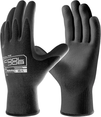 COOLJOB Paquete de 12/60 pares de guantes de trabajo de seguridad a granel con revestimiento de poliuretano de agarre, guantes de punto sin costuras