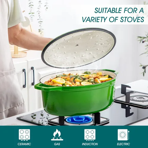 Miniatura 3 de vancasso Horno holandés de hierro fundido esmaltado, olla holandesa de 9.3 cuartos de galón con tapa, olla ovalada de hierro fundido con Verde