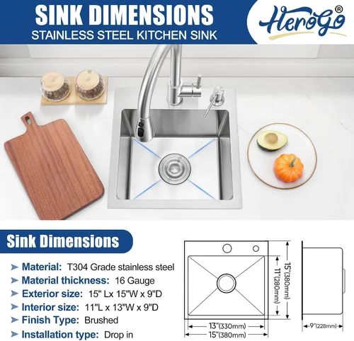 Miniatura 2 de Herogo Fregadero de cocina de 15 x 15 pulgadas, pequeño fregadero profundo de un solo tazón, hecho a mano para casa rodante, bar, lavandería, sala