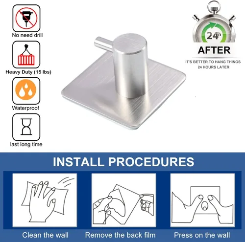 Miniatura 6 de Fotosnow Ganchos adhesivos para toallas, ganchos de pared resistentes al agua, de acero inoxidable para colgar abrigos, sombreros, toallas, colgador