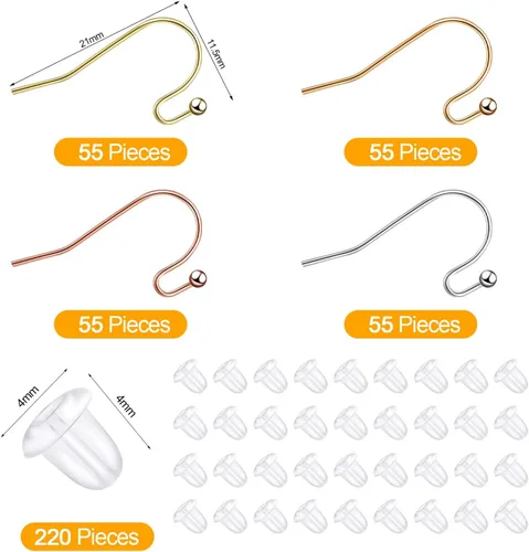Miniatura 2 de Juego de 220 ganchos para pendientes franceses de alambre de oreja en 4 colores con 220 piezas transparentes para hacer joyas, 0.86 x 0.43 x 0.75
