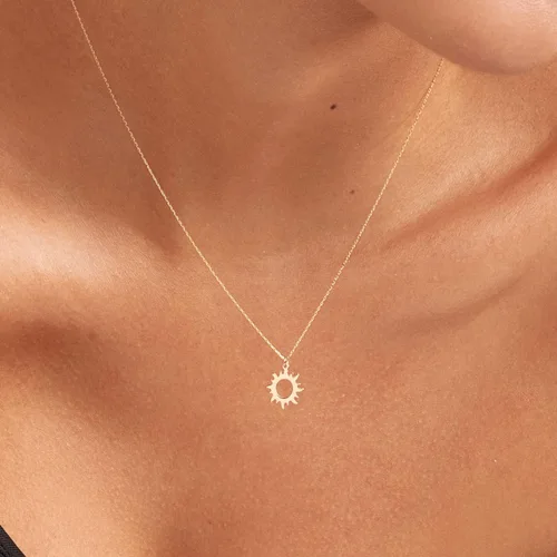 Miniatura 2 de Collar de sol de oro sólido de 14 quilates Collar de oro amarillo de 14 quilates para mujer Collar con colgante de sol Joyería delicada