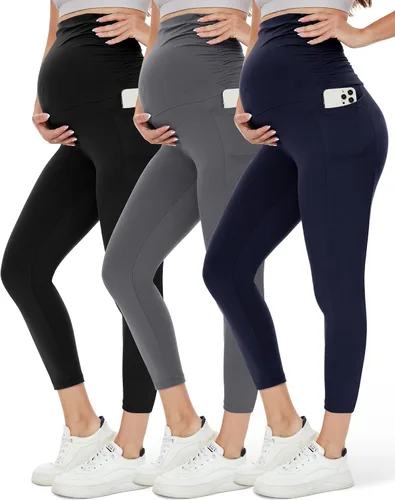 HLTPRO Paquete de 13 leggings de maternidad sobre el vientre, pantalones de maternidad con bolsillos para mujer, leggings de yoga para entrenamiento