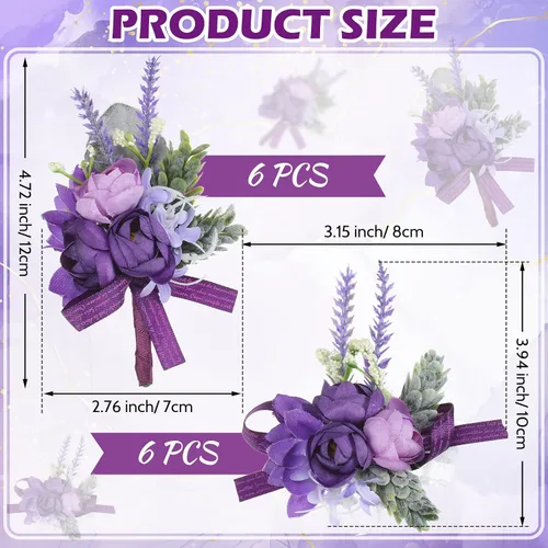 Miniatura 2 de Juego de 12 ramilletes de muñeca morados y boutonniere para novios, padrinos de boda, damas de honor, boda, fiesta, baile, decoración de flores