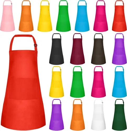 Miniatura 19 de Juego de 15 delantales para niños, delantal ajustable para niños con 2 bolsillos, delantal de chef para niños para pintar, cocinar, hornear, Negro