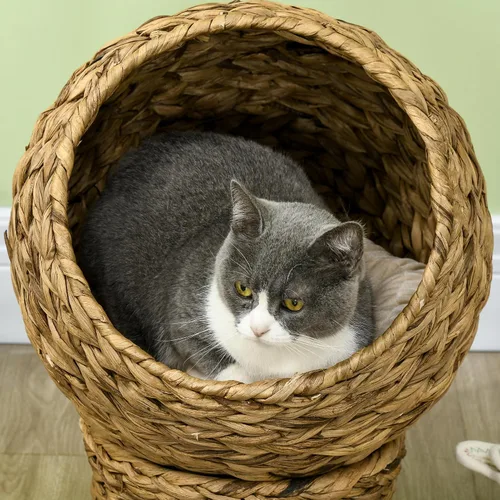 Miniatura 8 de PawHut Cama elevada tejida a mano para gatos con cojín suave y forma de silla de huevo, cama de cesta con soporte, casa de mimbre elevada para gatos