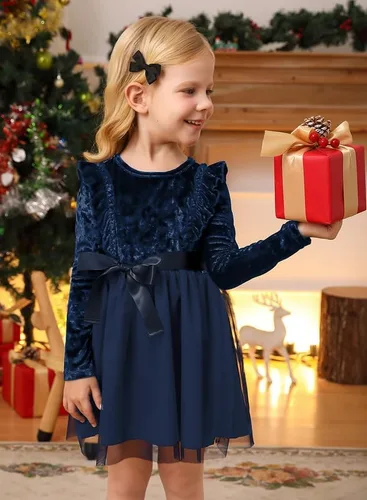 Miniatura 2 de IIMMER Vestido midi de tul de manga larga con volantes de terciopelo para niñas pequeñas de Navidad