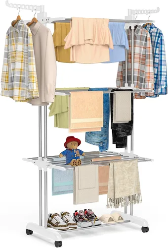 Bigzzia Tendedero plegable de 4 niveles para ropa, ropa, caballos, estante de secado de lavandería de acero inoxidable (gris blanco, 4 niveles)
