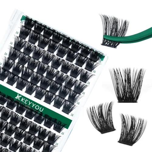 Miniatura 83 de KEYYOU Racimos de pestañas, 96 piezas de extensiones de pestañas DIY, rizado D de 16 mm, negro, realista, no irritante, fácil de colocar en casa