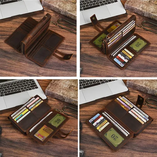 Miniatura 51 de Genuino Caballo Loco Cuero Regalo de Viaje Moneda Bolsillo Tarjetero Organizador Largo Cadena Rfid Cartera Monedero Con Broche Para Hombres Hombres