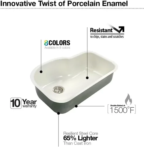 Miniatura 5 de Houzer PCH-3700 MT Porcela - Fregadero de cocina de acero esmaltado de 31 pulgadas, montaje inferior, compensación de un solo tazón, compatibilidad
