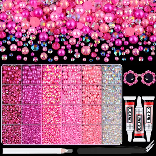 Miniatura 8 de 100g de cuentas de perlas planas y diamantes de imitación, 1-Rosa y blanco, tamaño mixto de 3-10mm, resina, diamantes de imitación y medias perlas