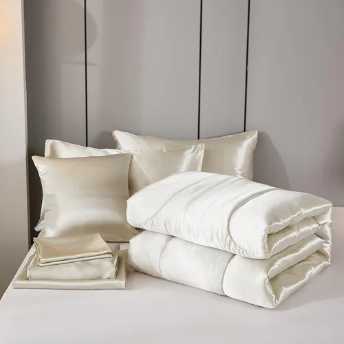 Miniatura 6 de Bedding Dreamer - Juego de edredón de satén, tamaño matrimonial, color beige, 8 piezas, juego de edredón sedoso de hotel de lujo