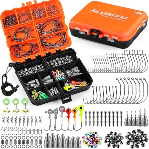 PLUSINNO 253/387pcs Fishing Gear Accessories Kit, Fishing Tackle Box with Tackle Included, Fishing Hooks, Fishing Weights Sinkers, Spinner Blade,
