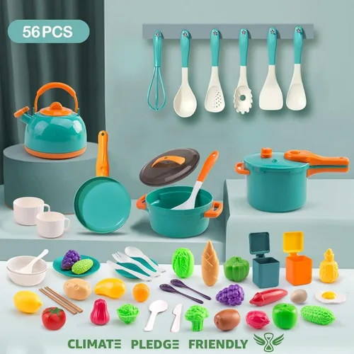 Miniatura 2 de 56 piezas de mini accesorios de cocina para niños, juego de cocina de simulación con utensilios de cocina, vajilla y 2 juegos de frutas, regalo