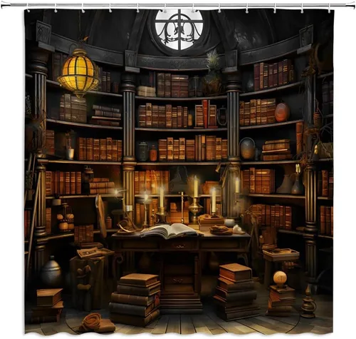 Cortina de ducha de biblioteca vintage, estantería de madera, estantería antigua mágica retro, luz educativa, decoración de baño, cortinas de tela