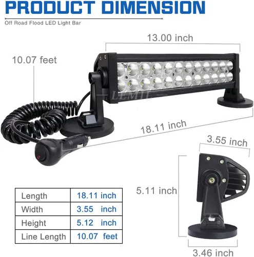 Miniatura 2 de LEMIL Barra de luz LED de 72 W, luz de inundación, luz de trabajo magnética, encendedor de cigarrillos, impermeable, conducción todoterreno con Haz