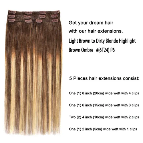 Miniatura 3 de 5 Piezas de extensiones de cabello humano Remy con clip - Extensiones de cabello real sedoso, corto y grueso para mujeres y niñas