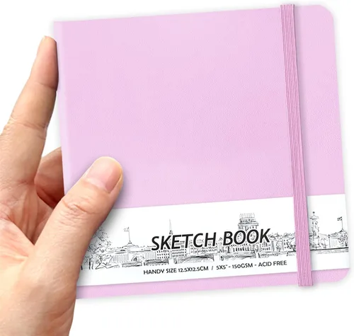 Miniatura 16 de Cuaderno de bocetos de bolsillo cuadrado de tapa dura de cuero PU de 5" x 5", 58 hojas de papel beige Dowling de 150 GSM, libro de bocetos de arte