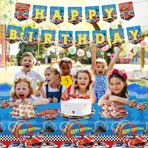 Miniatura 3 de Juego de 170 piezas de decoración de cumpleaños, vajilla de carreras de autos de carreras, incluye pancarta de feliz cumpleaños, platos de 9