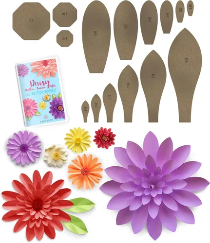 Kit de plantillas de papel de margarita, dalia, zinnia y aster, plantillas de hojas de 5 a 18 pulgadas, libro de instrucciones incluido para flores