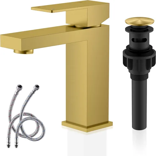KENES llaves de baño doradas cepilladas, llave moderna de un solo agujero para lavabo, llave de fregadero de baño de una sola manija dorada, con