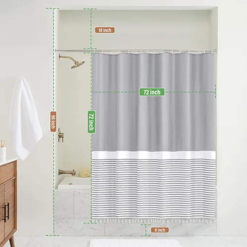 Miniatura 7 de Cortina de ducha gris Seasonwood Moderna de tela con borlas blancas, cortinas de ducha estilo casa de campo a rayas, impermeable, 72x72 pulgadas