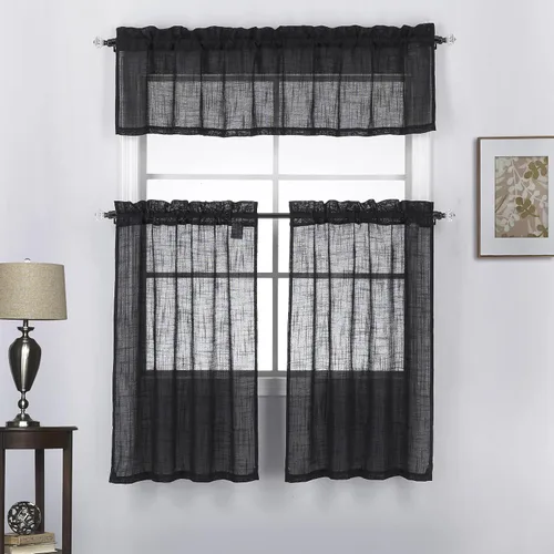 Miniatura 14 de Juego de 3 cortinas de lino con textura para ventana de cocina y cafetería, 24 pulgadas de largo, color negro
