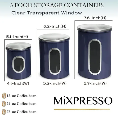 Miniatura 2 de Mixpresso Juego de 3 recipientes de color azul aguamarina para la cocina, juego de recipientes herméticos con ventana transparente, tarros