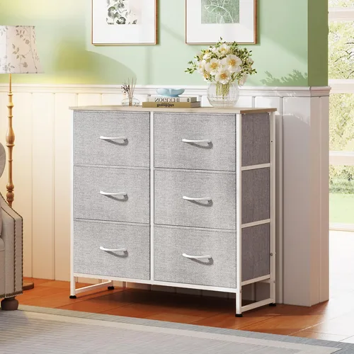 Miniatura 2 de WLIVE Cómoda de tela para dormitorio, cómoda doble de 6 cajones, torre de almacenamiento con cubos de tela, cómoda para armario, sala de estar, Gris