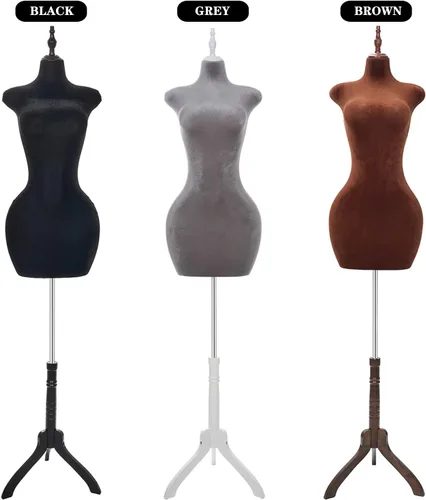 Miniatura 6 de Torso de maniquí femenino con curvas ajustables con soporte, forma de vestido pinable para ropa (marrón, terciopelo)