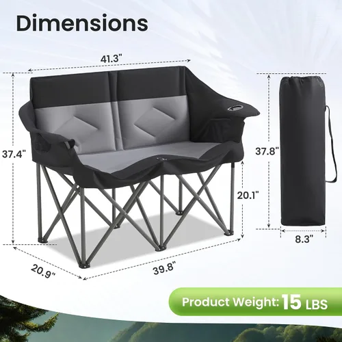 Miniatura 2 de Silla plegable doble de camping para 2 personas, resistente y de gran tamaño, soporta 800 libras con portavasos y bolsillo lateral para campamento