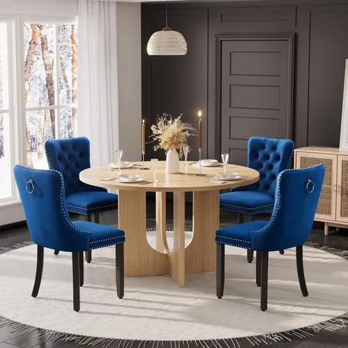 Miniatura 34 de Mesa de comedor redonda de 47 pulgadas para juego de mesa de cocina rústica de 6,7 piezas, mesa de comedor de granja, sillas negras de alta gama