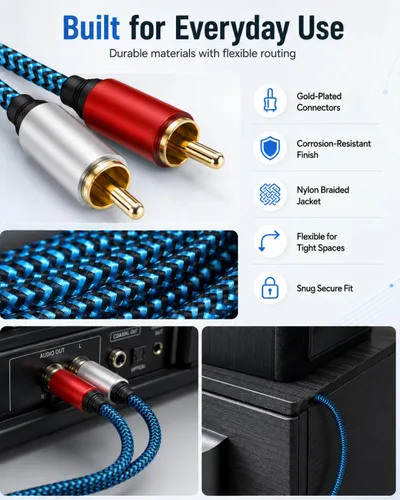 Miniatura 7 de Cable RCA de 5 pies/4.9 ft 2RCA macho a 2RCA macho cable de audio estéreo trenzado de nailon cable de audio auxiliar para cine en casa