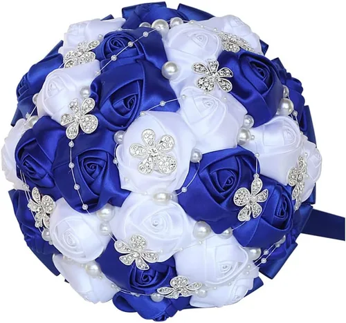 Miniatura 41 de Sharebeauty Ramo de novia de satén hecho a mano de 5.9 pulgadas, ramo de boda, ramo de flores artificiales, color azul claro + blanco W224