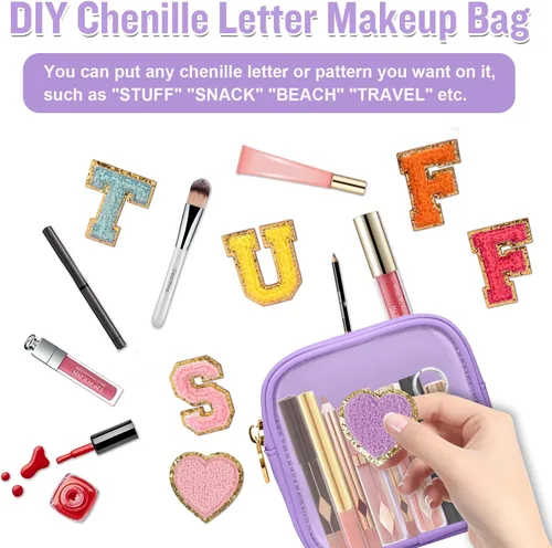 Miniatura 6 de izuzta Bolsa de Maquillaje Pequeña de Nylon, Linda Bolso de Cosméticos Mini, Bolso de Cremallera Preppy, Púrpura, Mini Púrpura-Transparente