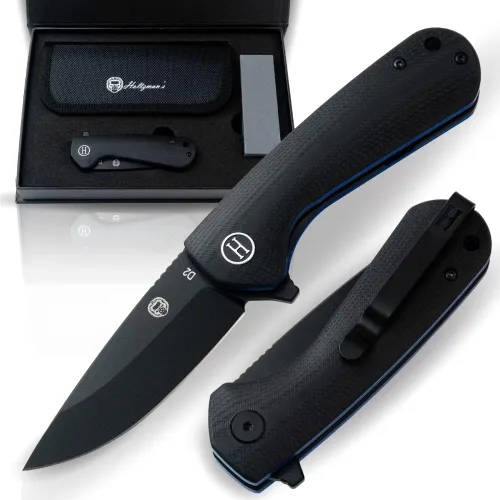 Holtzman's Gorilla Survival Cuchillo plegable campesino con mango táctico G10, hoja de acero D2, juego de caja de regalo (negro + azul) - Ideal para