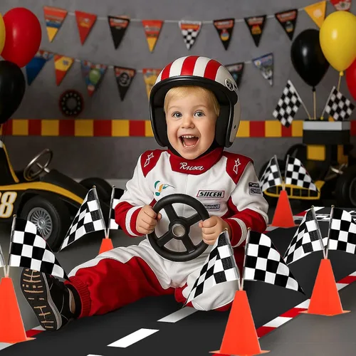 Miniatura 2 de Patimate Decoración de fiesta de cumpleaños de auto de carreras, 70 conos de tráfico con agujero, banderas a cuadros, camino de pista de carreras