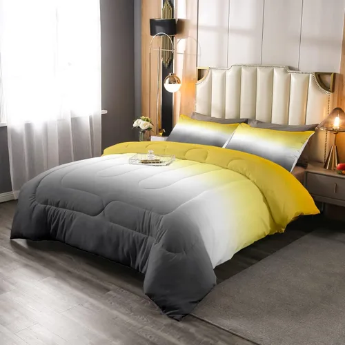 Juego de edredón degradado (ombré) amarillo, blanco y gris, juego de ropa de cama tamaño Queen, edredón colorido de plumón degradado, colcha Multi 20