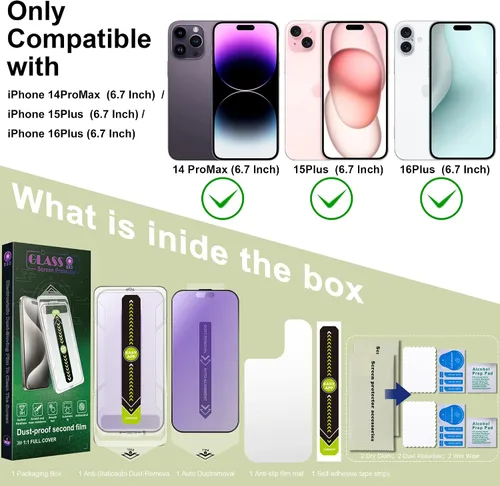 Miniatura 7 de Paquete de 2 protectores de pantalla mate antiluz azul para iPhone 14 Pro Max/15 Plus/16 Plus (6.7 pulgadas), vidrio templado 9H, antirreflejos